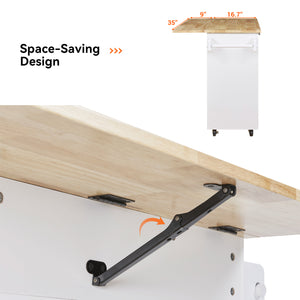 English Elm K&K Rolling Kitchen Island Cart with Drop-Leaf Rubber Wood Top, Large Drawer & Internal Rack Storage White WF316601AAW