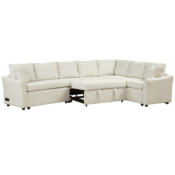English Elm 124.8"l-shaped Chenille Sleeper Sectional with Usb Charging Corner Living Room Sofa SG001430AAA