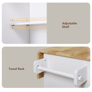 English Elm K&K Rolling Kitchen Island Cart with Drop-Leaf Rubber Wood Top, Large Drawer & Internal Rack Storage White WF316601AAW