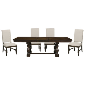 English Elm Modern Yates 5pc Extendable Dining Set with Dark Oak Trestle Table & Cream Upholstered Chairs, Nailhead Trim B011S00825