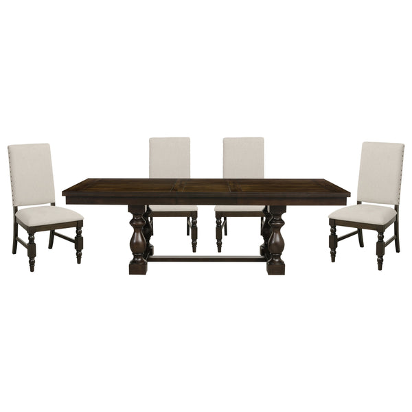 English Elm Modern Yates 5pc Extendable Dining Set with Dark Oak Trestle Table & Cream Upholstered Chairs, Nailhead Trim B011S00825