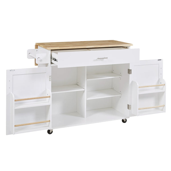 English Elm K&K Rolling Kitchen Island Cart with Drop-Leaf Rubber Wood Top, Large Drawer & Internal Rack Storage White WF316601AAW