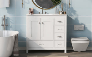 English Elm 36" White Bathroom Vanity with Ceramic Sink, 2 Soft-Close Doors & 5 Drawers, Modern Storage Chic WF319798AAK