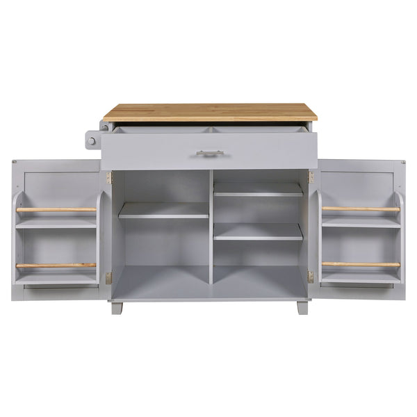 English Elm K&K Rolling Kitchen Island Cart with Drop-Leaf Rubber Wood Top, Large Drawer & Internal Rack Storage Grey WF316601AAG