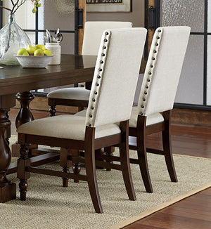 English Elm Dark Oak Turned Leg Dining Chairs Set of 2 Cream Upholstered Back & Seat with Nailhead Trim, Modern Industrial Style 41"H B011P168453