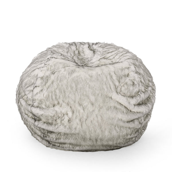 English Elm Negar Rounded 5-Foot Faux Fur Bean Bag in White & Gray — Cozy Removable Cover, High-Density Foam Comfort B181P163013