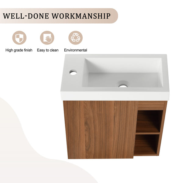 English Elm 20'' Floating Wall-Mounted Vanity with Resin Sink, Soft-Close Door & Open Shelves for Compact Baths Walnut W999P143199