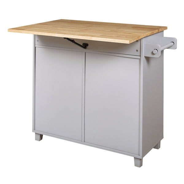 English Elm K&K Rolling Kitchen Island Cart with Drop-Leaf Rubber Wood Top, Large Drawer & Internal Rack Storage Grey WF316601AAG
