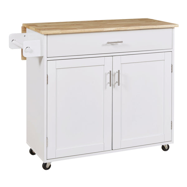 English Elm K&K Rolling Kitchen Island Cart with Drop-Leaf Rubber Wood Top, Large Drawer & Internal Rack Storage White WF316601AAW