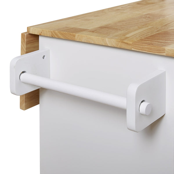 English Elm K&K Rolling Kitchen Island Cart with Drop-Leaf Rubber Wood Top, Large Drawer & Internal Rack Storage White WF316601AAW