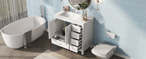 English Elm 36" White Bathroom Vanity with Ceramic Sink, 2 Soft-Close Doors & 5 Drawers, Modern Storage Chic WF319798AAK
