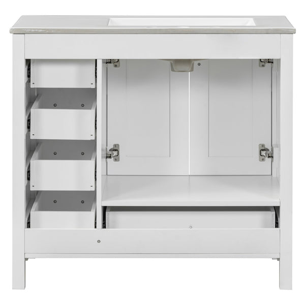 English Elm 36" White Bathroom Vanity with Ceramic Sink, 2 Soft-Close Doors & 5 Drawers, Modern Storage Chic WF319798AAK