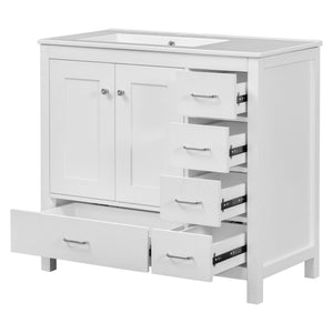 English Elm 36" White Bathroom Vanity with Ceramic Sink, 2 Soft-Close Doors & 5 Drawers, Modern Storage Chic WF319798AAK