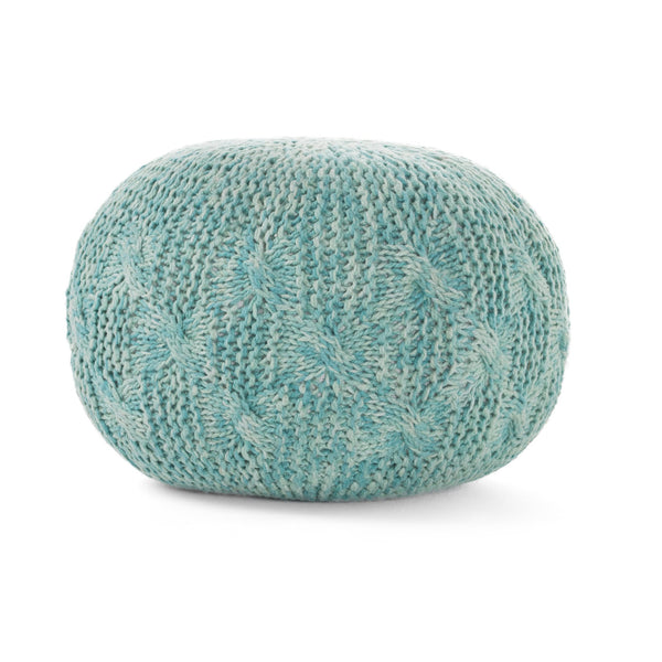 English Elm Baltazar Hand-Knitted Aqua Round Pouf Ottoman | 20"x20"x14 Floor Cushion, PET Yarn, 200lb Capacidad B181P163087