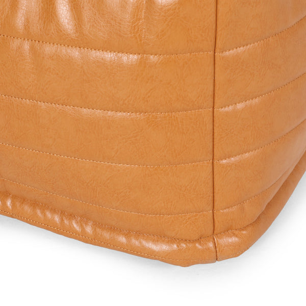 English Elm Bambo Faux Leather Rectangle Pouf Ottoman for Living Room Floor Cushion, Durable 200lb Capacity Caramel B181P163083
