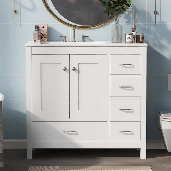 English Elm 36" White Bathroom Vanity with Ceramic Sink, 2 Soft-Close Doors & 5 Drawers, Modern Storage Chic WF319798AAK