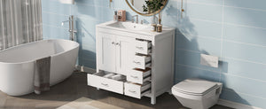 English Elm 36" White Bathroom Vanity with Ceramic Sink, 2 Soft-Close Doors & 5 Drawers, Modern Storage Chic WF319798AAK