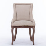 Set of 2 Beige Patterned Dining Chairs, Wood Legs, Bronze Nailhead - Modern Style