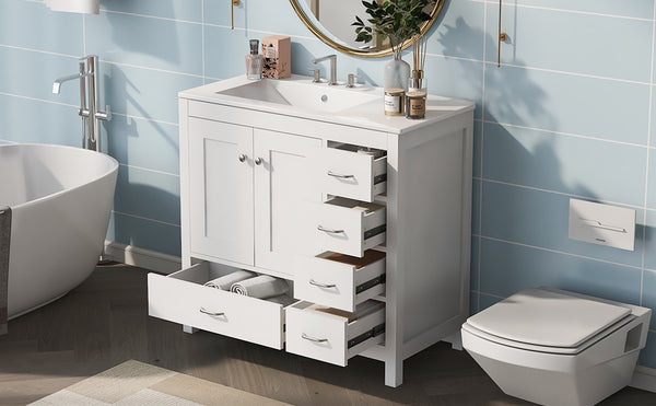 English Elm 36" White Bathroom Vanity with Ceramic Sink, 2 Soft-Close Doors & 5 Drawers, Modern Storage Chic WF319798AAK