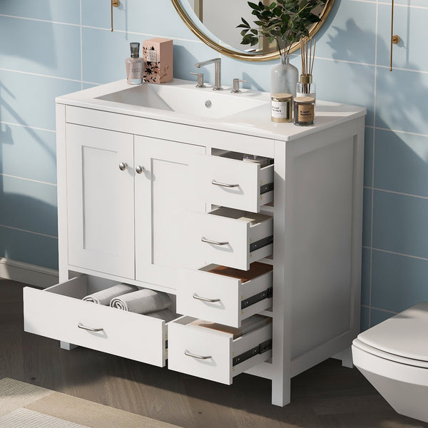 English Elm 36" White Bathroom Vanity with Ceramic Sink, 2 Soft-Close Doors & 5 Drawers, Modern Storage Chic WF319798AAK
