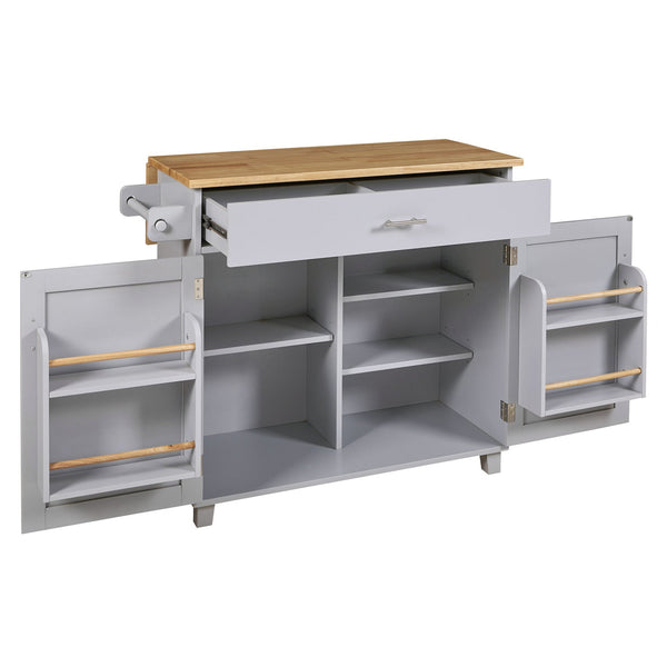 English Elm K&K Rolling Kitchen Island Cart with Drop-Leaf Rubber Wood Top, Large Drawer & Internal Rack Storage Grey WF316601AAG