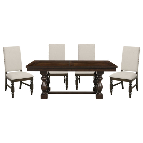 English Elm Modern Yates 5pc Extendable Dining Set with Dark Oak Trestle Table & Cream Upholstered Chairs, Nailhead Trim B011S00825