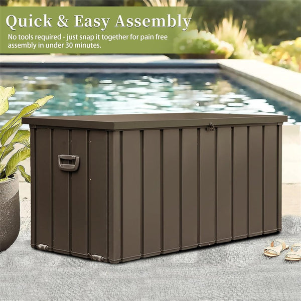 English Elm 120 Gallon Outdoor Storage Deck Box with Wheels & Pistons, Waterproof Galvanized Steel, Lockable Patio Bin W1859P168270
