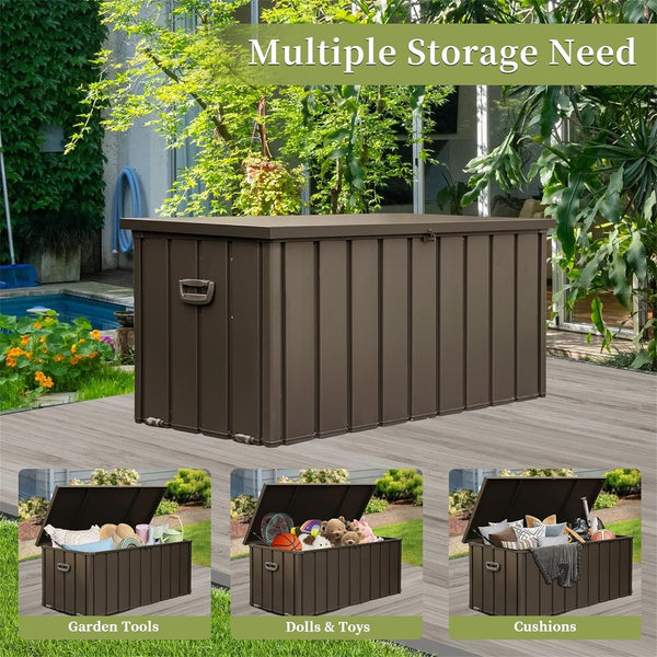 English Elm 120 Gallon Outdoor Storage Deck Box with Wheels & Pistons, Waterproof Galvanized Steel, Lockable Patio Bin W1859P168270