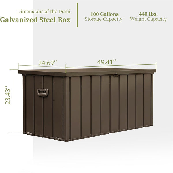 English Elm 100 Gallon Outdoor Storage Deck Box - Waterproof Steel Patio Bin with Rollers, Lockable, UV‑Resistant, Multiuse Stool/Table (Dark Brown) W1859P168258