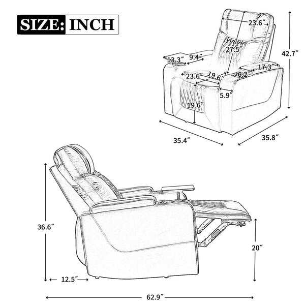 English Elm Power Recliner with Swivel Tray Table Hidden Storage Usb Port Pu Leather Chair SG000630ABB