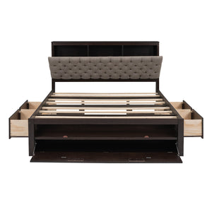 English Elm Wood Queen Size Platform Bed with Storage Headboard, 4 Drawers and Shoe Rack, Sturdy Timber Design Espresso GX000379AAD