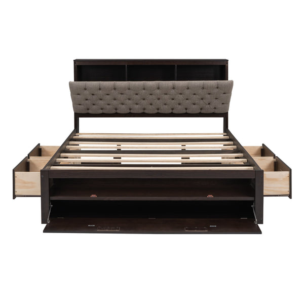 English Elm Wood Queen Size Platform Bed with Storage Headboard, 4 Drawers and Shoe Rack, Sturdy Timber Design Espresso GX000379AAD