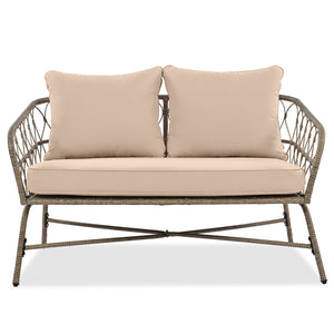 English Elm GO Bohemia woven 4-person patio conversation set with removable water-resistant cushions, oval acacia tabletop and adjustable feet for comfy, stylish outdoor lounging FG201236AAA