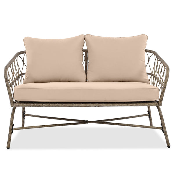 English Elm GO Bohemia woven 4-person patio conversation set with removable water-resistant cushions, oval acacia tabletop and adjustable feet for comfy, stylish outdoor lounging FG201236AAA