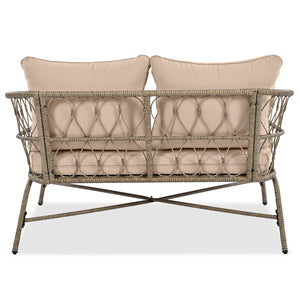 English Elm GO Bohemia woven 4-person patio conversation set with removable water-resistant cushions, oval acacia tabletop and adjustable feet for comfy, stylish outdoor lounging FG201236AAA