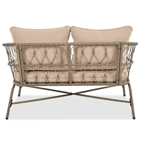 English Elm GO Bohemia woven 4-person patio conversation set with removable water-resistant cushions, oval acacia tabletop and adjustable feet for comfy, stylish outdoor lounging FG201236AAA