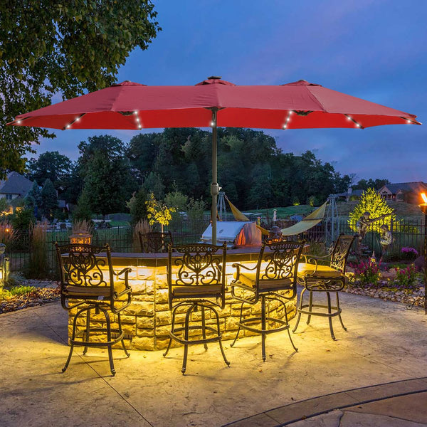 English Elm 15x9ft Double-Sided Rectangular Patio Umbrella with 48 LED Lights, Crank Lift, UV50+ Weatherproof Design Red W419P145382