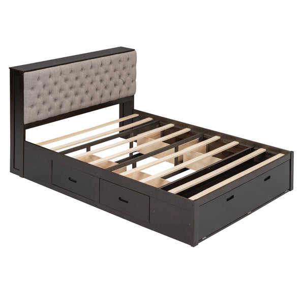 English Elm Wood Queen Size Platform Bed with Storage Headboard, 4 Drawers and Shoe Rack, Sturdy Timber Design Espresso GX000379AAD