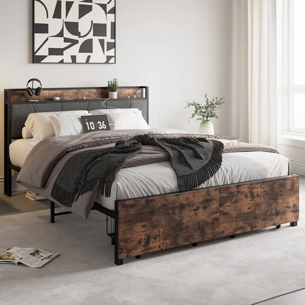 English Elm Queen Platform Bed Frame with Storage Headboard, USB Charging Stations, 2 Drawers, Sturdy 500lb Support W840137808