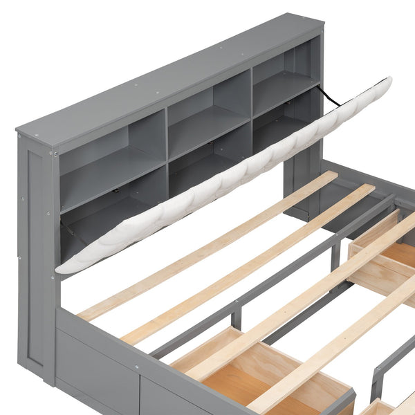 English Elm Wood Queen Size Platform Bed with Storage Headboard, 4 Drawers and Shoe Rack, Sturdy Timber Design Gray GX000379AAE