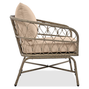 English Elm GO Bohemia woven 4-person patio conversation set with removable water-resistant cushions, oval acacia tabletop and adjustable feet for comfy, stylish outdoor lounging FG201236AAA