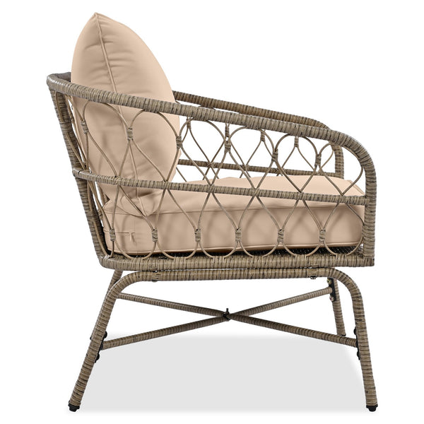 English Elm GO Bohemia woven 4-person patio conversation set with removable water-resistant cushions, oval acacia tabletop and adjustable feet for comfy, stylish outdoor lounging FG201236AAA