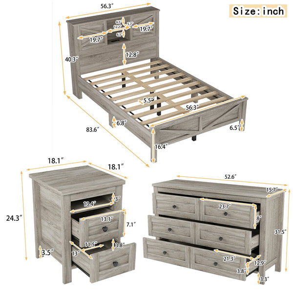 English Elm 3-Pieces Bedroom Set Full Size Farmhouse Platform Bed with Storage Headboard, Nightstand & Dresser Antique Gray 59.25 L x 18.31 W x 8.27 H N733S369048G