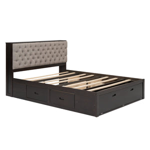 English Elm Wood Queen Size Platform Bed with Storage Headboard, 4 Drawers and Shoe Rack, Sturdy Timber Design Espresso GX000379AAD