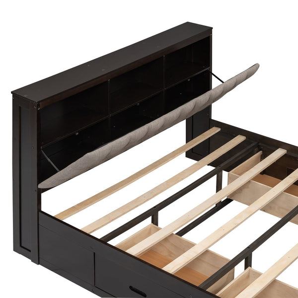 English Elm Wood Queen Size Platform Bed with Storage Headboard, 4 Drawers and Shoe Rack, Sturdy Timber Design Espresso GX000379AAD