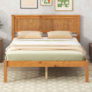 English Elm Platform Full Bed Frame with Headboard — Rustic-Modern Pine & MDF Slatted Support, No Box Spring Needed, Sturdy Oak WF212812AAN