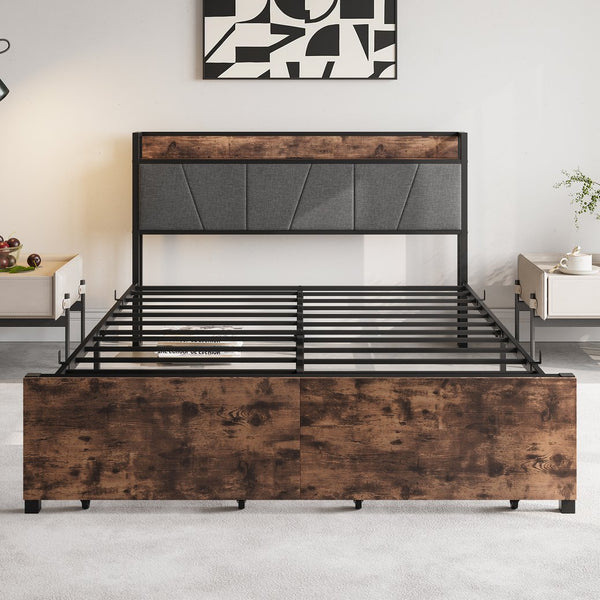 English Elm Queen Platform Bed Frame with Storage Headboard, USB Charging Stations, 2 Drawers, Sturdy 500lb Support W840137808