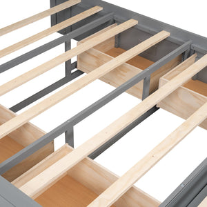 English Elm Wood Queen Size Platform Bed with Storage Headboard, 4 Drawers and Shoe Rack, Sturdy Timber Design Gray GX000379AAE