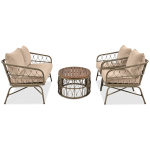 English Elm GO Bohemia woven 4-person patio conversation set with removable water-resistant cushions, oval acacia tabletop and adjustable feet for comfy, stylish outdoor lounging FG201236AAA