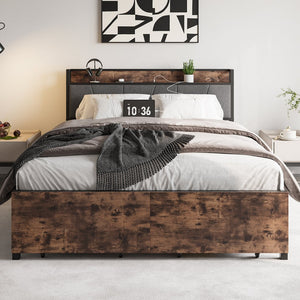 English Elm Queen Platform Bed Frame with Storage Headboard, USB Charging Stations, 2 Drawers, Sturdy 500lb Support W840137808
